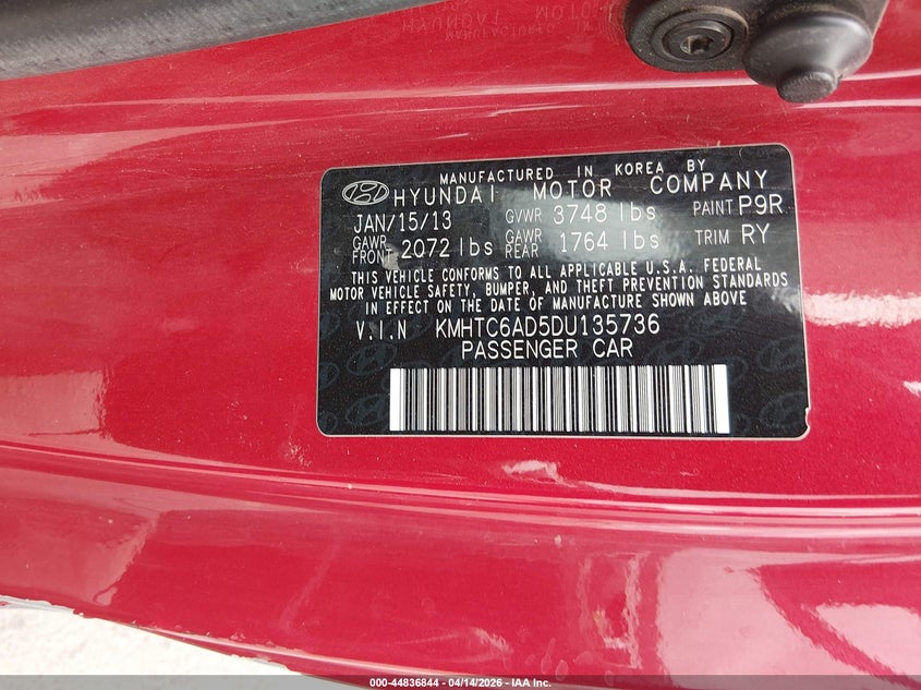 2013 Hyundai Veloster VIN KMHTC6AD5DU135736 IAAI salvage auction — LEFT SIDE, Wait Title, sold $1,050 on 2026-07-22 (photo 9)