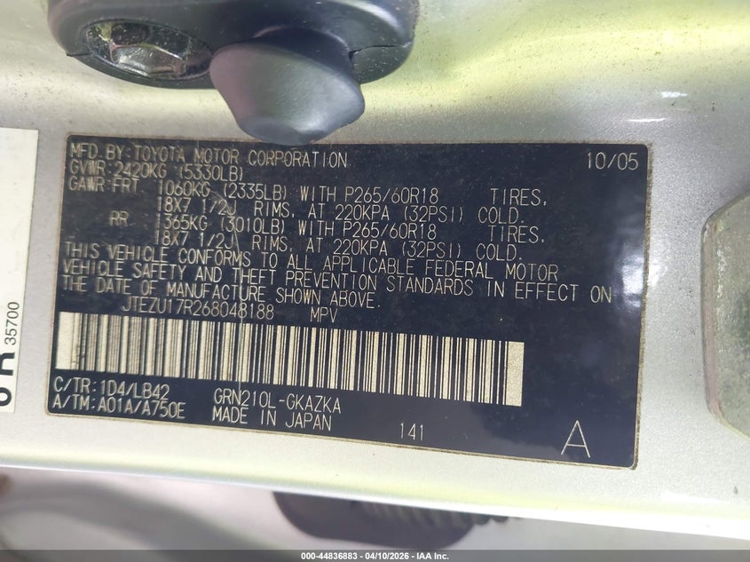 2006 Toyota 4runner VIN JTEZU17R268048188 IAAI salvage auction — FRONT END, Rebuildable (Florida), sold $3,400 on 2026-07-06 (photo 9)
