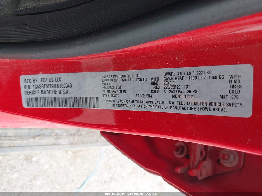2021 Ram 1500 VIN 1C6SRFMT9MN659040 IAAI salvage auction — ALL OVER, Salvage (Oregon), sold $7,400 on 2026-08-29 (photo 9)