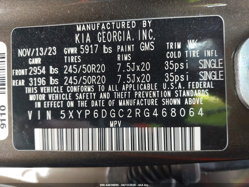 2024 Kia Telluride VIN 5XYP6DGC2RG468064 IAAI salvage auction — FRONT END, Wait Title, sold $10,100 on 2026-07-08 (photo 9)