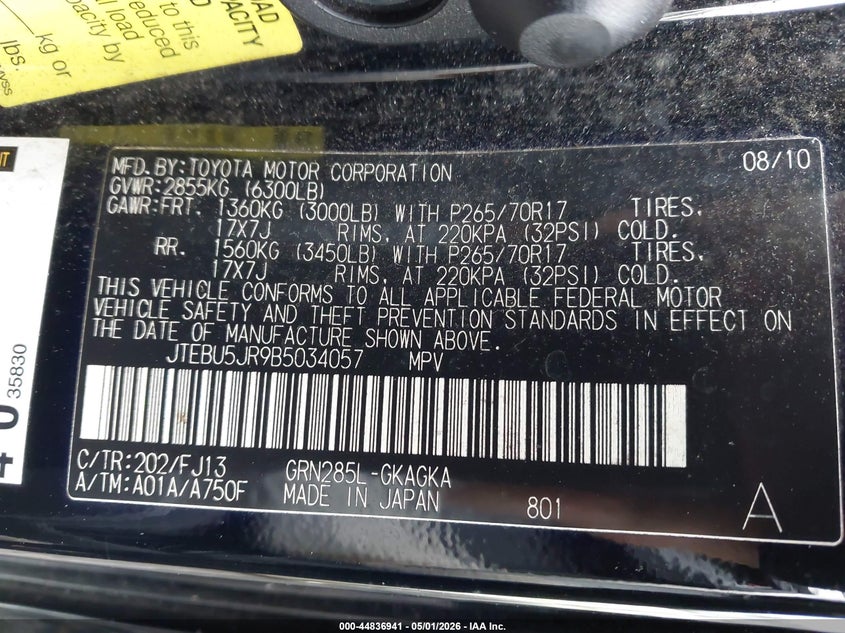 2011 Toyota 4runner VIN JTEBU5JR9B5034057 IAAI salvage auction — FRONT & REAR, Salvage (Hawaii), sold $25 on 2026-07-28 (photo 9)