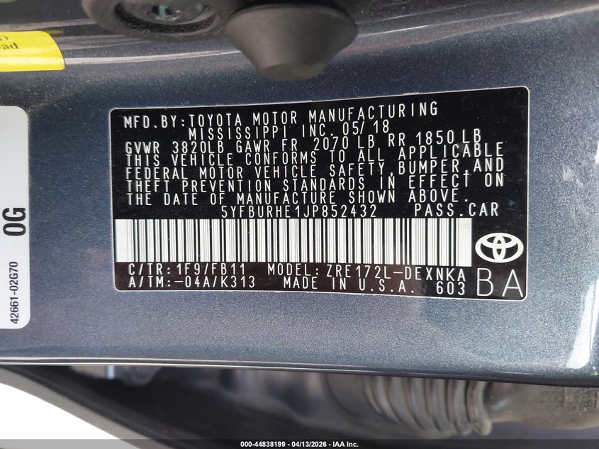 2018 Toyota Corolla VIN 5YFBURHE1JP852432 IAAI salvage auction — LEFT FRONT, Wait Title, sold $2,300 on 2026-07-28 (photo 9)