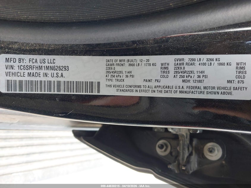 2021 Ram 1500 VIN 1C6SRFHM1MN626293 IAAI salvage auction — FRONT END, Salvage Title, sold $8,100 on 2026-08-29 (photo 9)