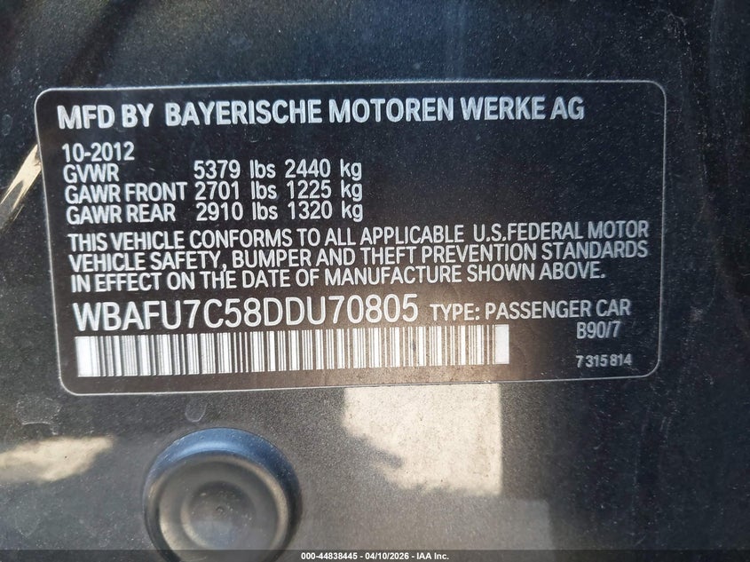 2013 BMW 5er VIN WBAFU7C58DDU70805 IAAI salvage auction — RIGHT FRONT, Salvage (New Jersey), sold $1,550 on 2026-07-10 (photo 9)