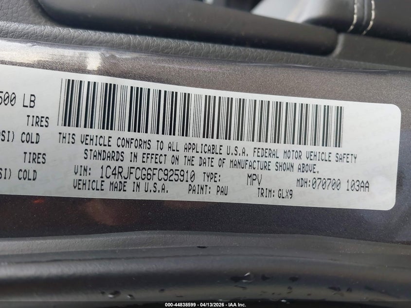 2015 Jeep Grand cherokee VIN 1C4RJFCG6FC925910 IAAI salvage auction — SIDE, Wait Title, sold $3,250 on 2026-07-19 (photo 9)