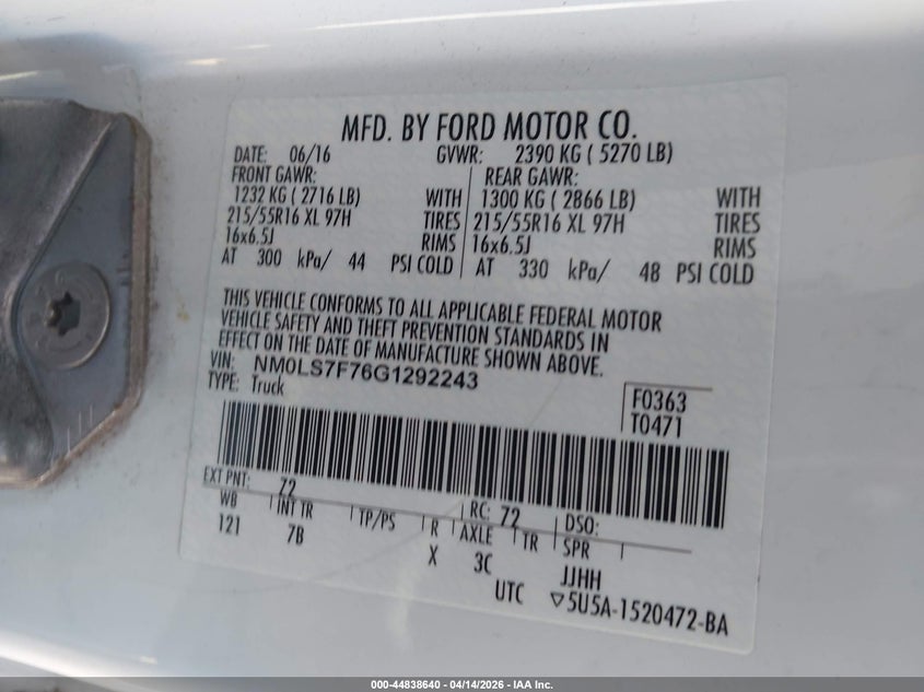 2016 Ford Transit VIN NM0LS7F76G1292243 IAAI salvage auction — FRONT END, Wait Title, sold $1,650 on 2026-07-13 (photo 9)
