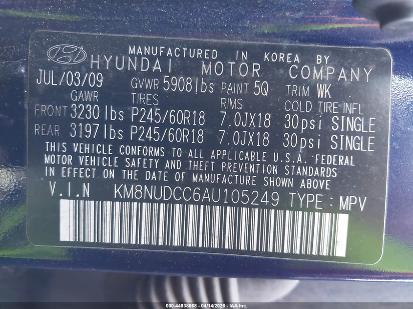 2010 Hyundai Veracruz VIN KM8NUDCC6AU105249 IAAI salvage auction — FRONT END, Mv-907A (New York), sold $650 on 2026-07-30 (photo 9)