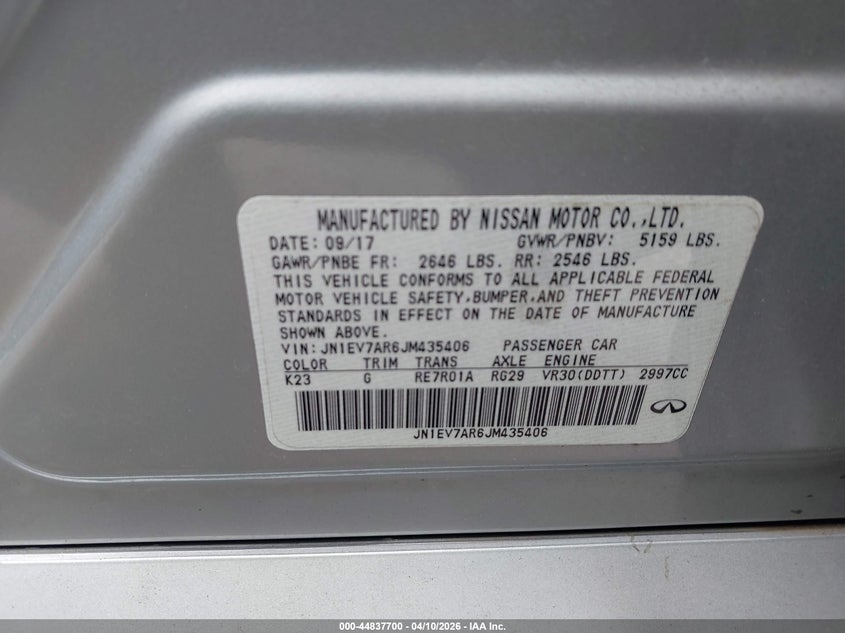 2018 Infiniti Q50 VIN JN1EV7AR6JM435406 IAAI salvage auction — FRONT END, Salvage Title, sold $975 on 2026-08-01 (photo 9)