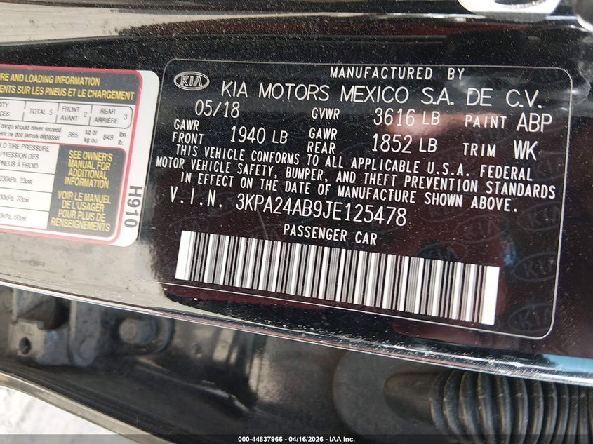 2018 Kia Rio VIN 3KPA24AB9JE125478 IAAI salvage auction — REAR END, Wait Title, sold $925 on 2026-07-09 (photo 9)