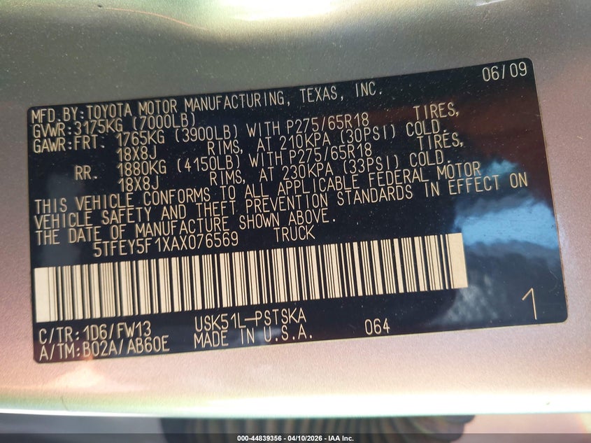 2010 Toyota Tundra VIN 5TFEY5F1XAX076569 IAAI salvage auction — FRONT END, Salvage (North Carolina), sold $5,100 on 2026-08-02 (photo 9)