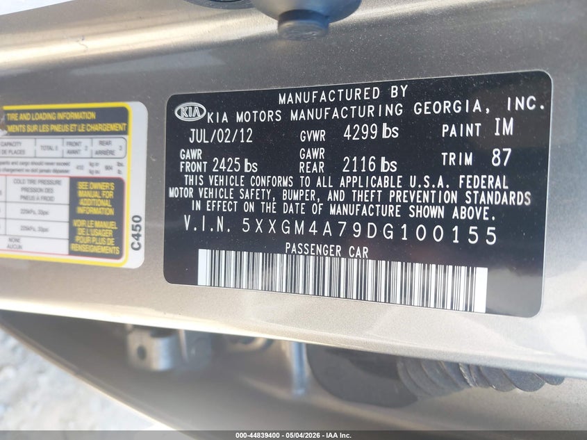 2013 Kia Optima VIN 5XXGM4A79DG100155 IAAI salvage auction — LEFT SIDE, Salvage (Idaho), sold $950 on 2026-07-07 (photo 9)