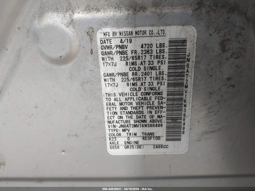 2019 Nissan Rogue VIN JN8AT2MV1KW398496 IAAI salvage auction — FRONT END, Salvage (North Carolina), sold $1,100 on 2026-07-16 (photo 9)