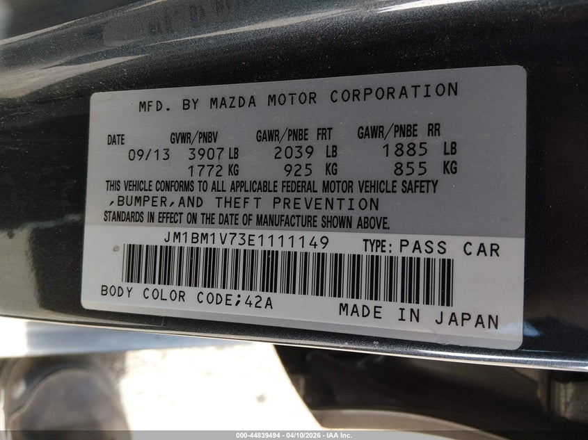 2014 Mazda 3 VIN JM1BM1V73E1111149 IAAI salvage auction — FRONT END, Salvage (Colorado), sold $900 on 2026-07-21 (photo 9)