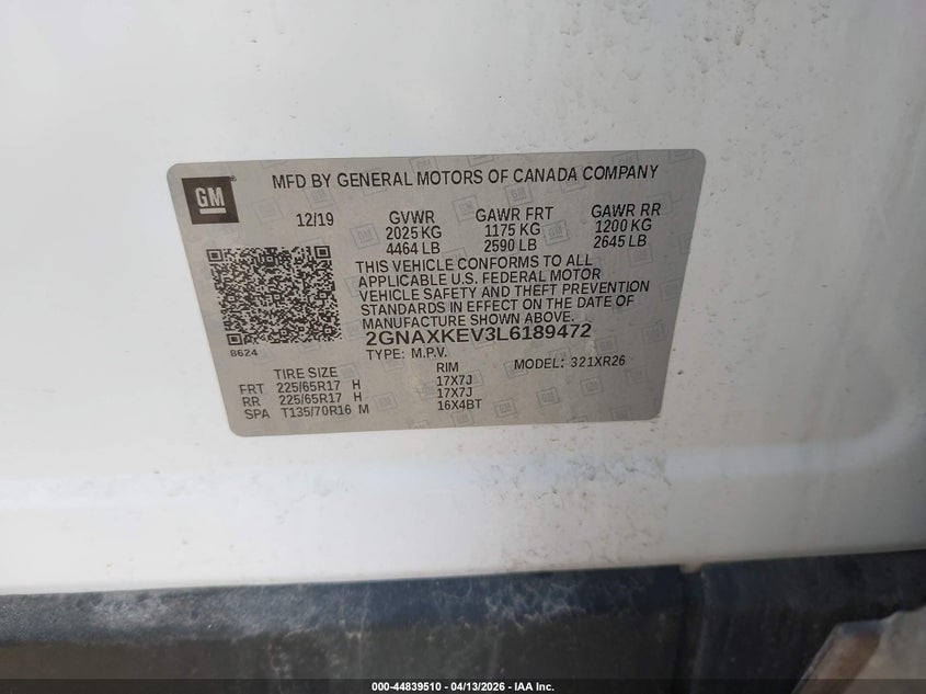 2020 Chevrolet Equinox VIN 2GNAXKEV3L6189472 IAAI salvage auction — LEFT REAR, Salvage Title, sold $3,875 on 2026-08-03 (photo 9)