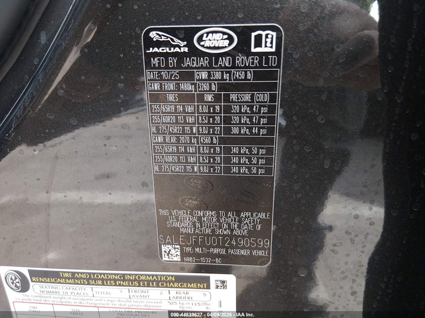 2026 Land rover Defender VIN SALEJFFU0T2490599 IAAI salvage auction — RIGHT FRONT, Salvage Title, sold $20,600 on 2026-07-14 (photo 9)