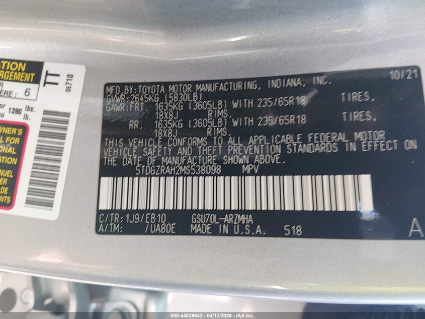 2021 Toyota Highlander VIN 5TDGZRAH2MS538098 IAAI salvage auction — FRONT END, Salvage Title, sold $8,900 on 2026-07-10 (photo 9)