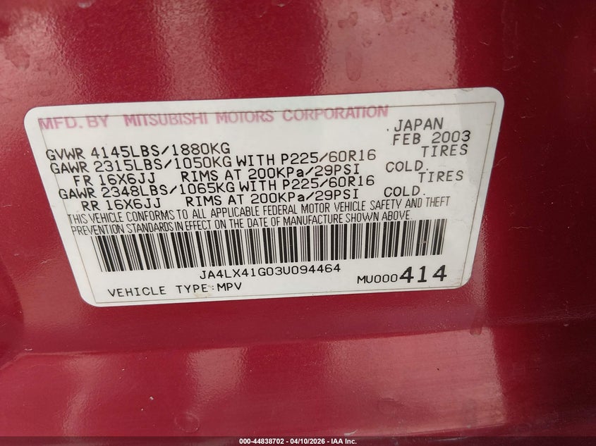 2003 Mitsubishi Outlander VIN JA4LX41G03U094464 IAAI salvage auction — LEFT FRONT, Salvage (Texas), sold $475 on 2026-07-08 (photo 9)