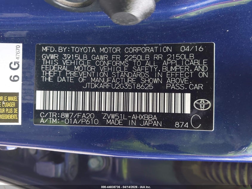 2016 Toyota Prius VIN JTDKARFU2G3518625 IAAI salvage auction — FRONT END, Wait Title, sold $2,000 on 2026-07-28 (photo 9)