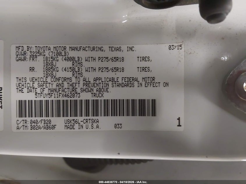 2015 Toyota Tundra VIN 5TFUY5F11FX462073 IAAI salvage auction — FRONT END, Salvage Title, sold $8,700 on 2026-08-02 (photo 9)