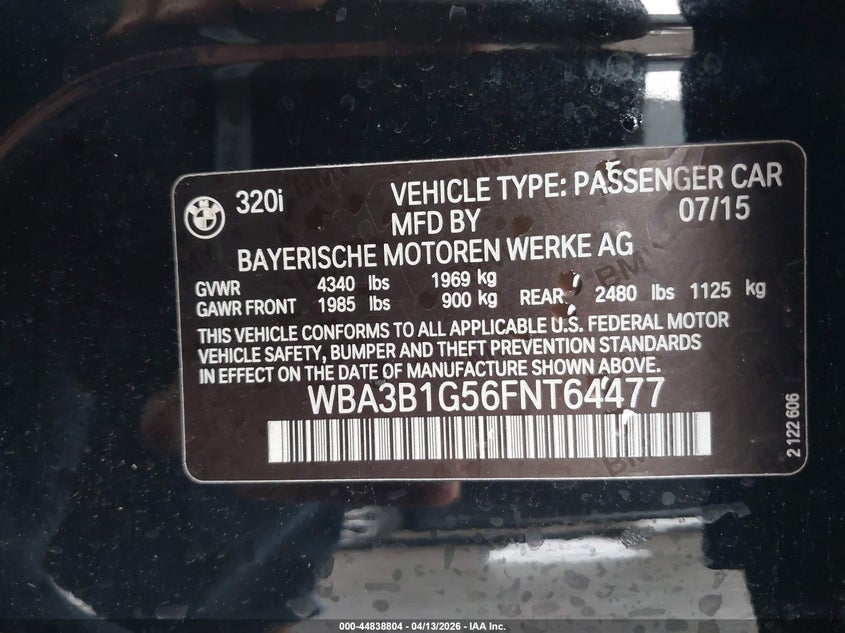 2015 BMW 3er VIN WBA3B1G56FNT64477 IAAI salvage auction — LEFT FRONT, Salvage (Texas), sold $1,450 on 2026-07-09 (photo 9)