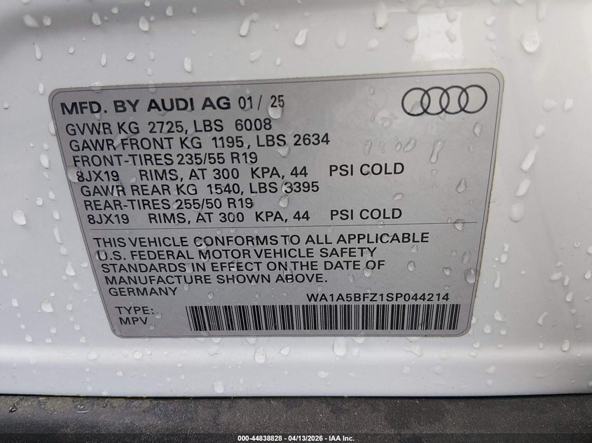 2025 Audi Q4 e-tron VIN WA1A5BFZ1SP044214 IAAI salvage auction — FRONT END, Salvage Title, sold $8,550 on 2026-07-08 (photo 9)