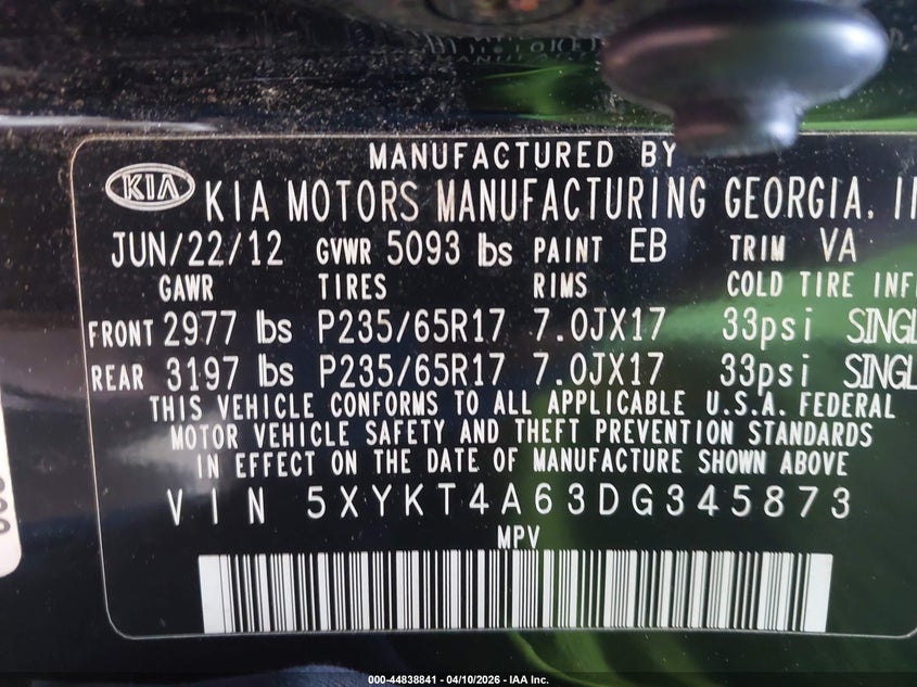 2013 Kia Sorento VIN 5XYKT4A63DG345873 IAAI salvage auction — FRONT END, Salvage Title, sold $750 on 2026-07-06 (photo 9)