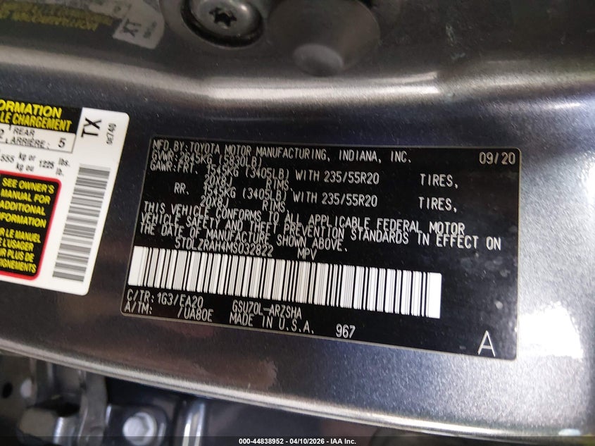 2021 Toyota Highlander VIN 5TDLZRAH4MS032822 IAAI salvage auction — BIO HAZARD, Salvage Title, sold $3,050 on 2026-07-14 (photo 9)