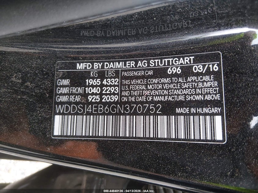 2016 Mercedes-benz Cla-klasse VIN WDDSJ4EB6GN370752 IAAI salvage auction — LEFT FRONT, Salvage Title, sold $2,100 on 2026-08-19 (photo 9)