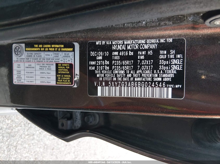 2011 Hyundai Santa fe VIN 5XYZG3AB6BG024546 IAAI salvage auction — RIGHT SIDE, Salvage (Missouri), sold $800 on 2026-07-16 (photo 9)