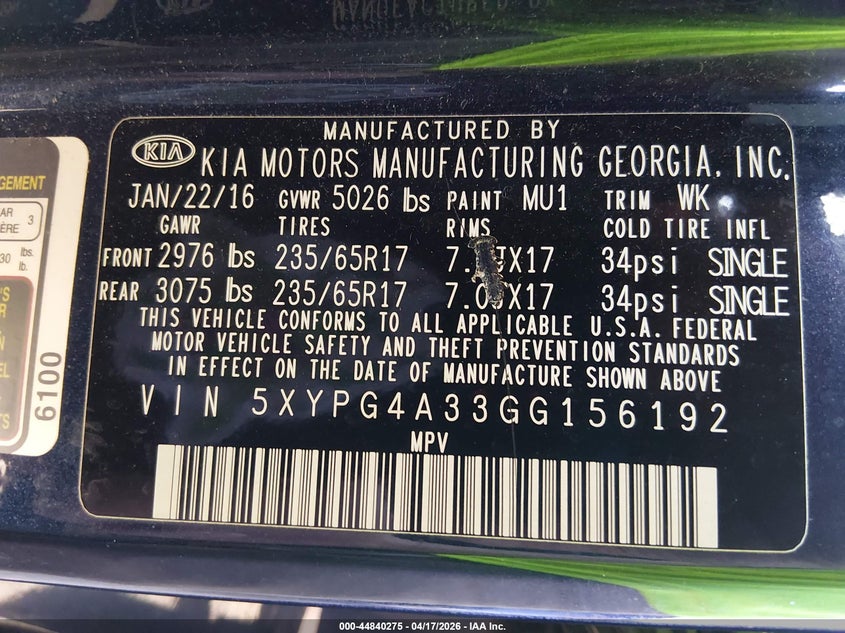 2016 Kia Sorento VIN 5XYPG4A33GG156192 IAAI salvage auction — LEFT FRONT, Salvage Title, sold $1,650 on 2026-07-08 (photo 9)