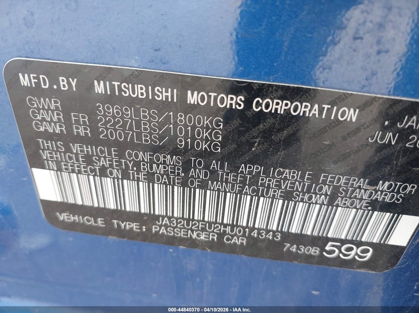 2017 Mitsubishi Lancer VIN JA32U2FU2HU014343 IAAI salvage auction — FRONT & REAR, Original (Texas), sold $1,675 on 2026-07-20 (photo 9)