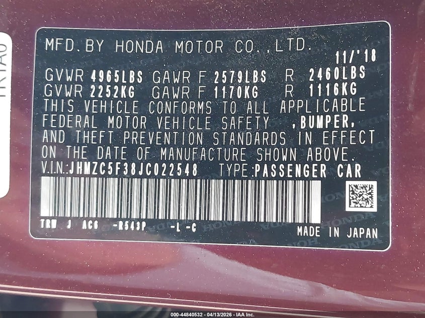 2018 Honda Clarity VIN JHMZC5F38JC022548 IAAI salvage auction — LEFT FRONT, Salvage Title, sold $1,400 on 2026-07-08 (photo 9)
