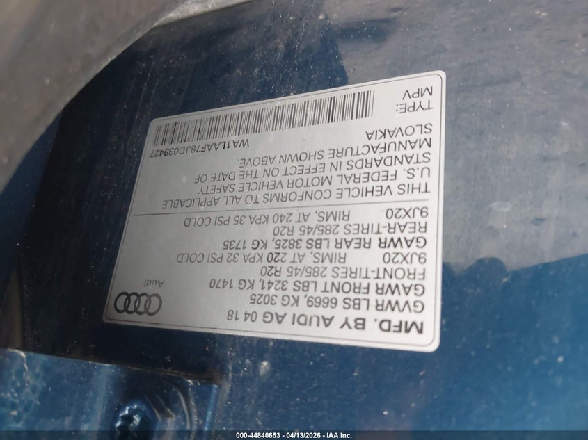 2018 Audi Q7 VIN WA1LAAF78JD039427 IAAI salvage auction — FRONT END, Salvage (Massachusetts), sold $6,300 on 2026-07-10 (photo 9)