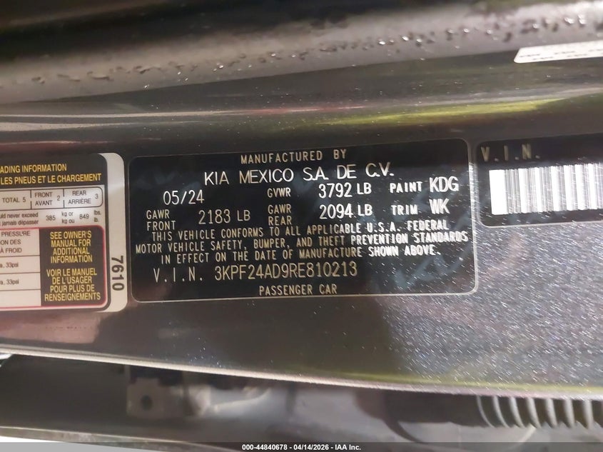 2024 Kia Forte VIN 3KPF24AD9RE810213 IAAI salvage auction — FRONT END, Salvage (New Hampshire), sold $2,350 on 2026-07-25 (photo 9)