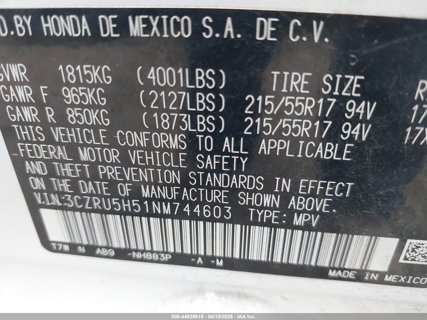 2022 Honda Hr-v VIN 3CZRU5H51NM744603 IAAI salvage auction — FRONT END, Salvage Title, sold $7,000 on 2026-08-24 (photo 9)