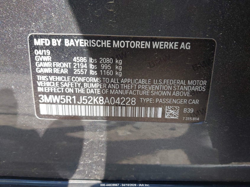2019 BMW 3er VIN 3MW5R1J52K8A04228 IAAI salvage auction — FRONT END, Salvage Title, sold $10,600 on 2026-09-02 (photo 9)