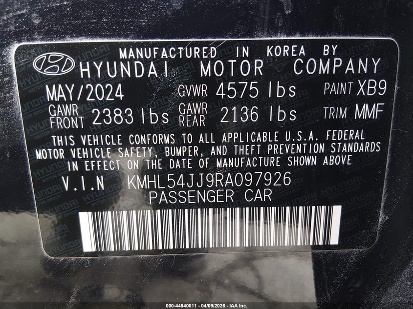 2024 Hyundai VIN KMHL54JJ9RA097926 IAAI salvage auction — LEFT FRONT, Salvage Title, sold $8,900 on 2026-07-07 (photo 9)