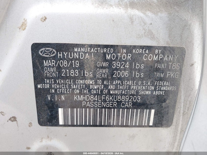 2019 Hyundai Elantra VIN KMHD84LF6KU889203 IAAI salvage auction — FRONT END, Salvage Title, sold $1,950 on 2026-07-13 (photo 9)