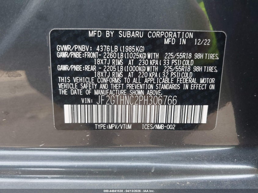 2023 Subaru Xv VIN JF2GTHNC2PH306766 IAAI salvage auction — FRONT END, Salvage Title, sold $6,500 on 2026-08-01 (photo 9)