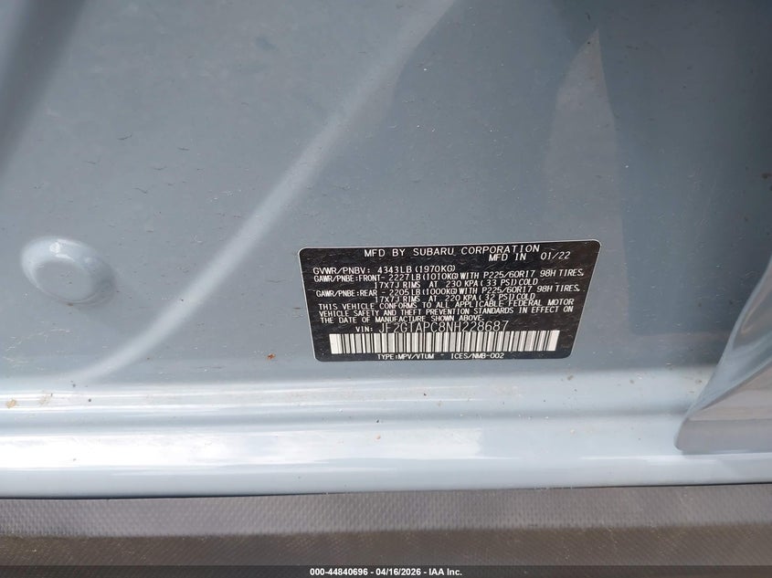 2022 Subaru Xv VIN JF2GTAPC8NH228687 IAAI salvage auction — HAIL, Wait Title, sold $7,375 on 2026-07-21 (photo 9)