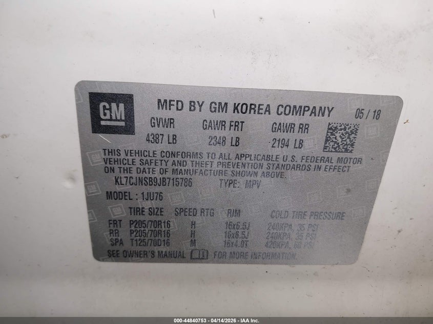 2018 Chevrolet Trax VIN KL7CJNSB9JB715786 IAAI salvage auction — FRONT END, Mv-907A (New York), sold $600 on 2026-07-14 (photo 9)