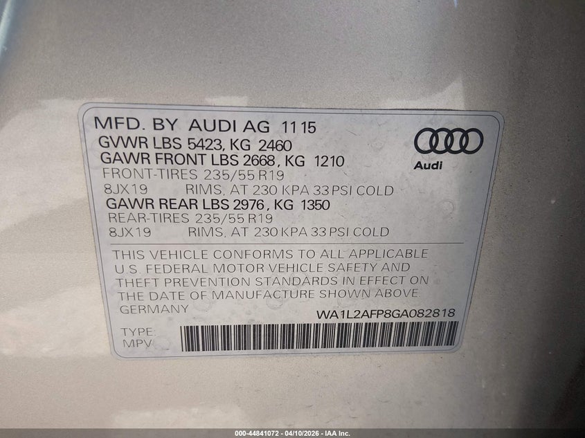 2016 Audi Q5 VIN WA1L2AFP8GA082818 IAAI salvage auction — FRONT END, Salvage Title, sold $300 on 2026-07-29 (photo 9)