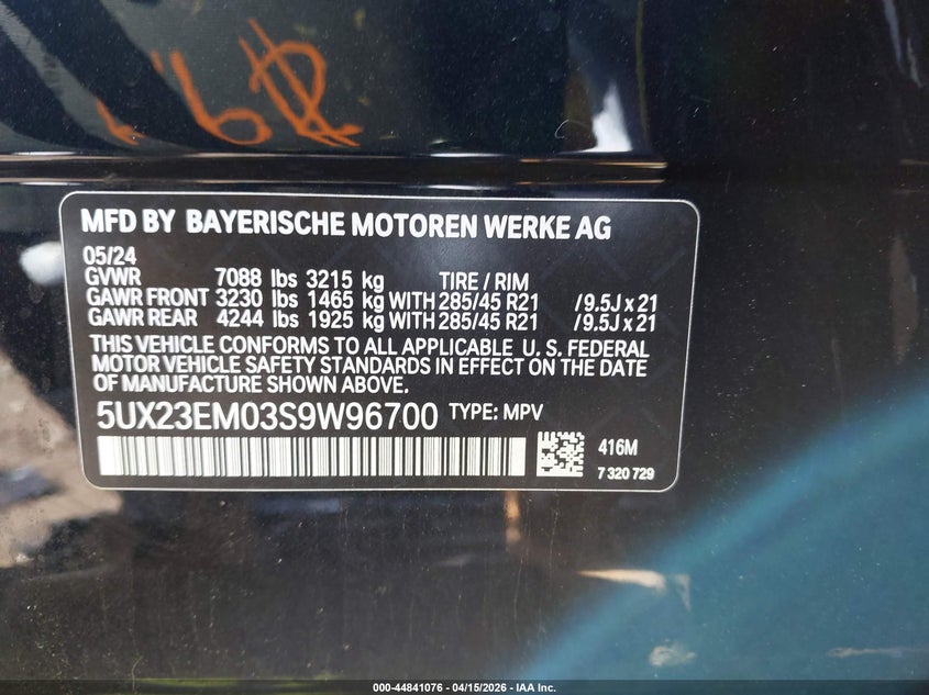 2025 BMW X7 VIN 5UX23EM03S9W96700 IAAI salvage auction — RIGHT FRONT, Wait Title, sold $25,625 on 2026-07-21 (photo 9)