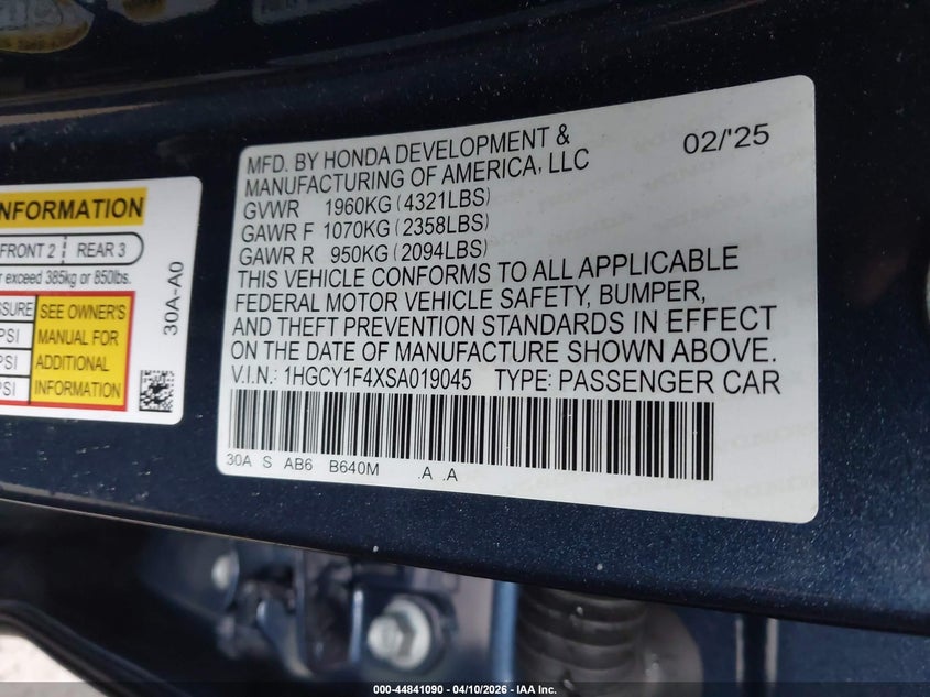 2025 Honda Accord VIN 1HGCY1F4XSA019045 IAAI salvage auction — FRONT END, Salvage (California), sold $8,200 on 2026-07-09 (photo 9)