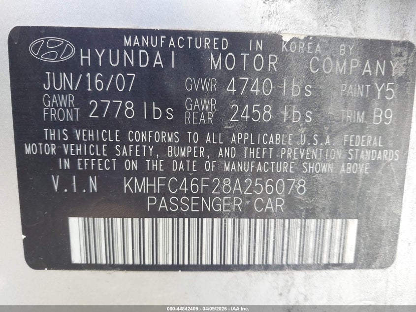 2008 Hyundai Azera VIN KMHFC46F28A256078 IAAI salvage auction — FRESH WATER, Salvage (Texas), sold $450 on 2026-07-22 (photo 9)