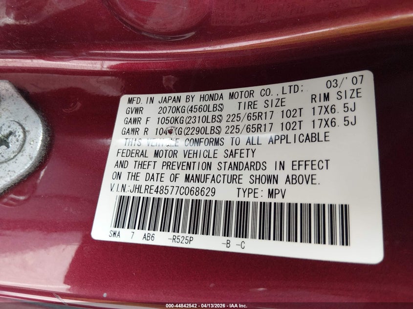 2007 Honda Cr-v VIN JHLRE48577C068629 IAAI salvage auction — FRONT END, Salvage (New Jersey), sold $825 on 2026-07-27 (photo 9)