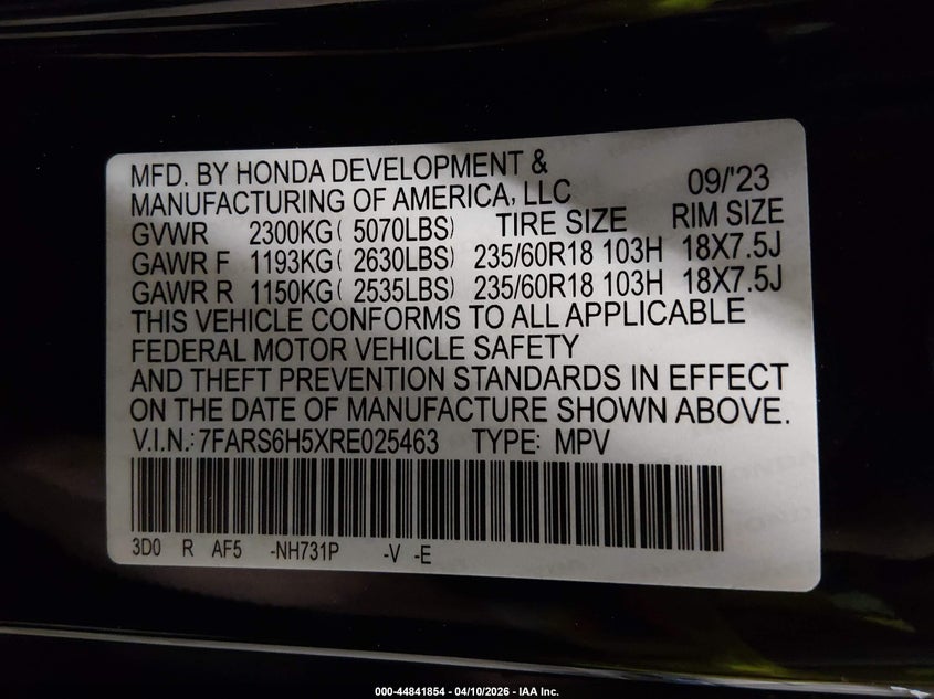 2024 Honda Cr-v VIN 7FARS6H5XRE025463 IAAI salvage auction — REAR END, Salvage Title, sold $10,500 on 2026-07-08 (photo 9)