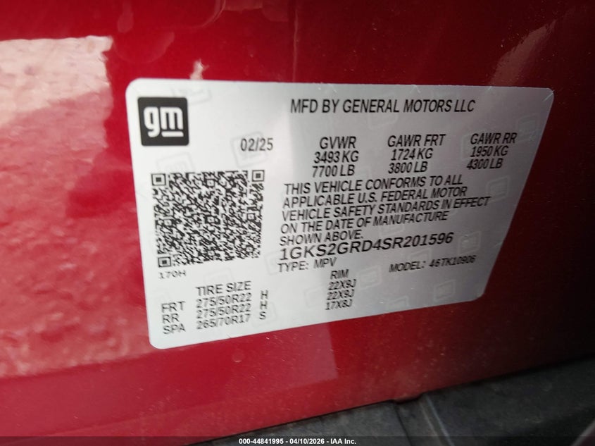 2025 Gmc Yukon VIN 1GKS2GRD4SR201596 IAAI salvage auction — HAIL, Salvage (Arkansas), sold $34,425 on 2026-07-09 (photo 9)