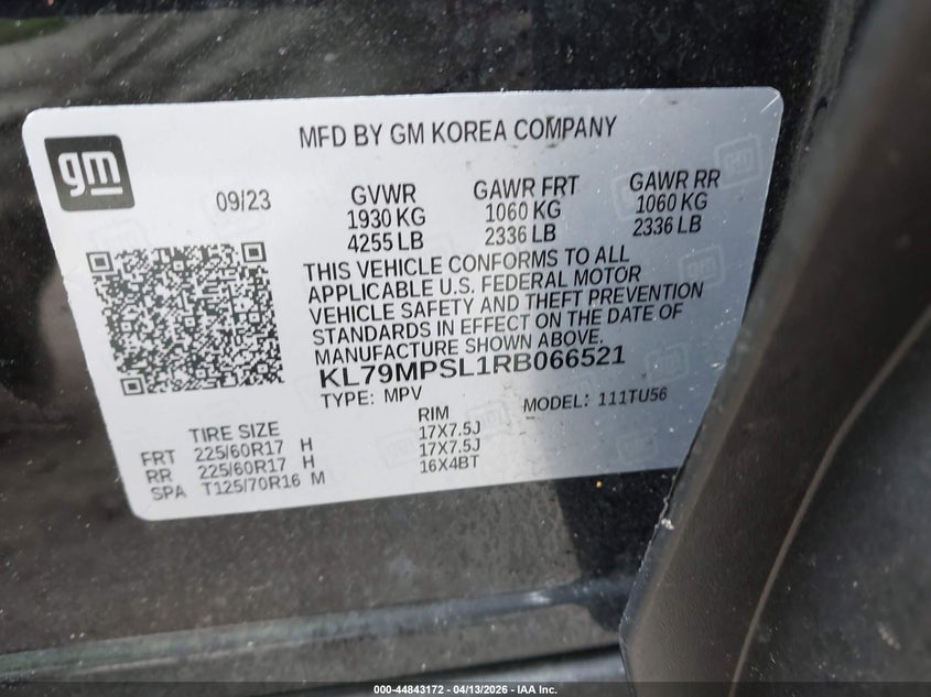 2024 Chevrolet Trailblazer VIN KL79MPSL1RB066521 IAAI salvage auction — FRONT & REAR, Wait Title, sold $5,550 on 2026-07-21 (photo 9)