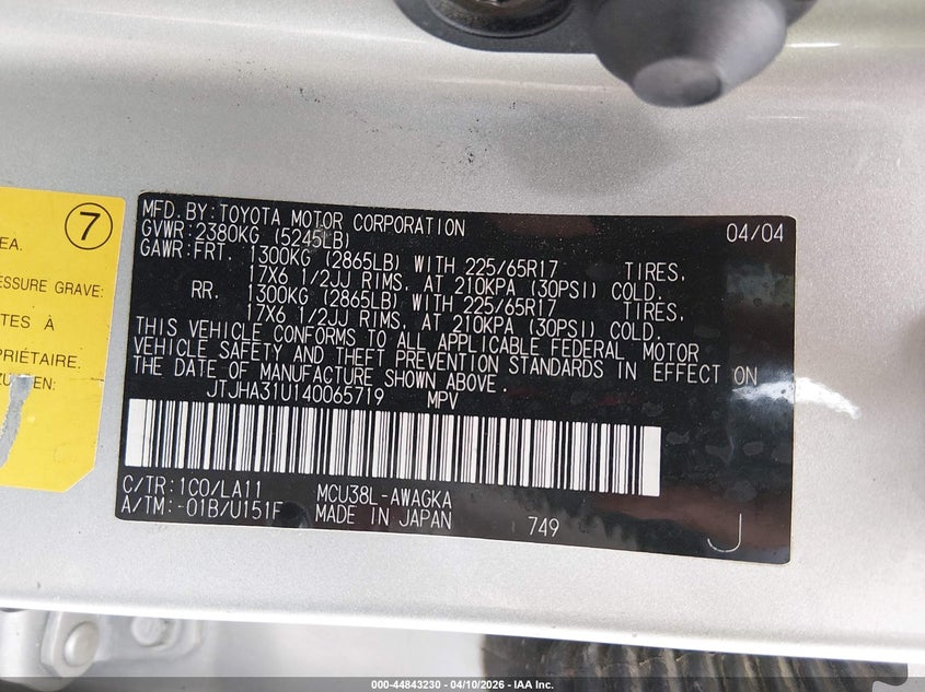 2004 Lexus Rx 330 VIN JTJHA31U140065719 IAAI salvage auction — Burn Engine, Salvage (Missouri), sold $275 on 2026-07-20 (photo 9)